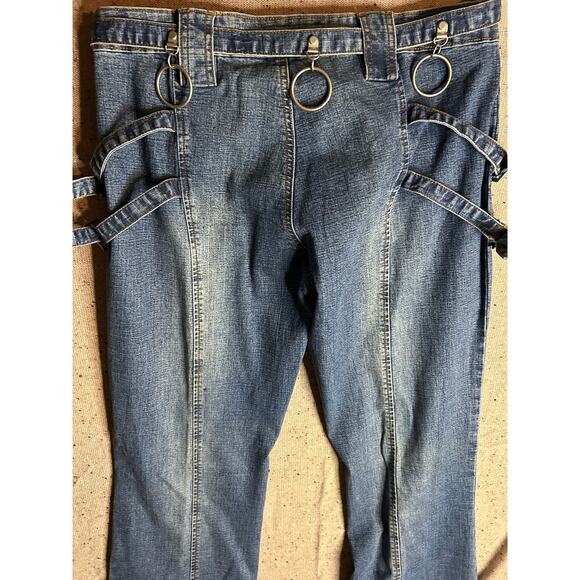 Vintage Y2K Younique Jeans Multifunktional Buckle Strap O-Ring Flare Denim Pants - Picture 7 of 8